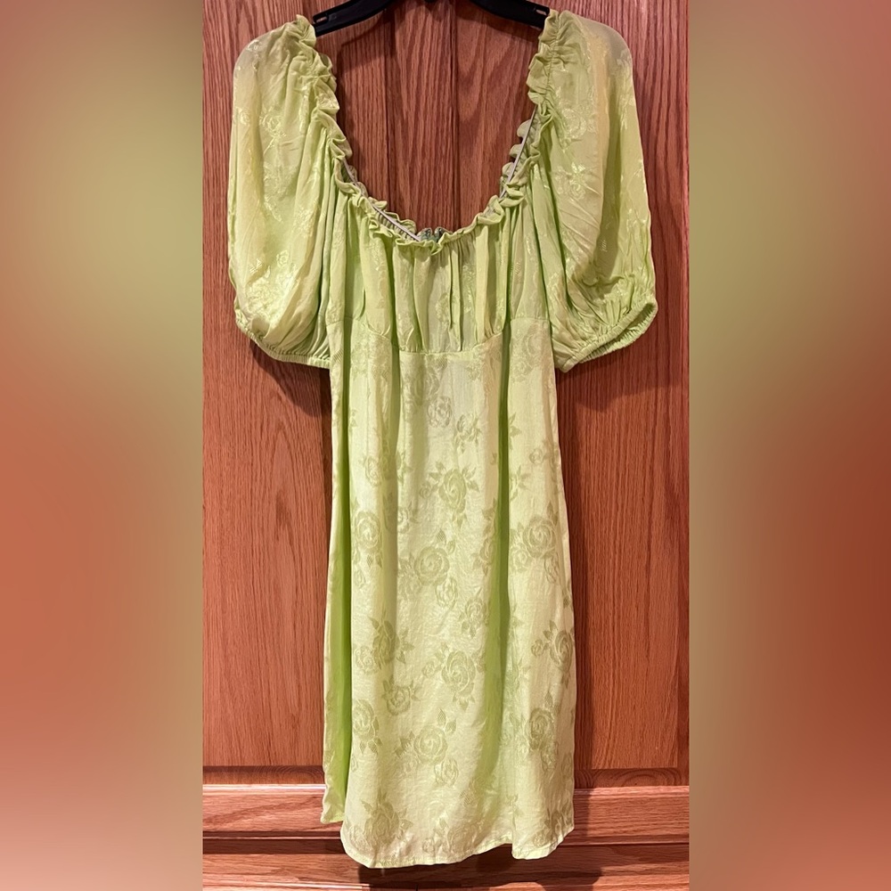 Motel Mentari Puff Sleeve A-Line Satin Rose Lime Green Mini Dress Size XS